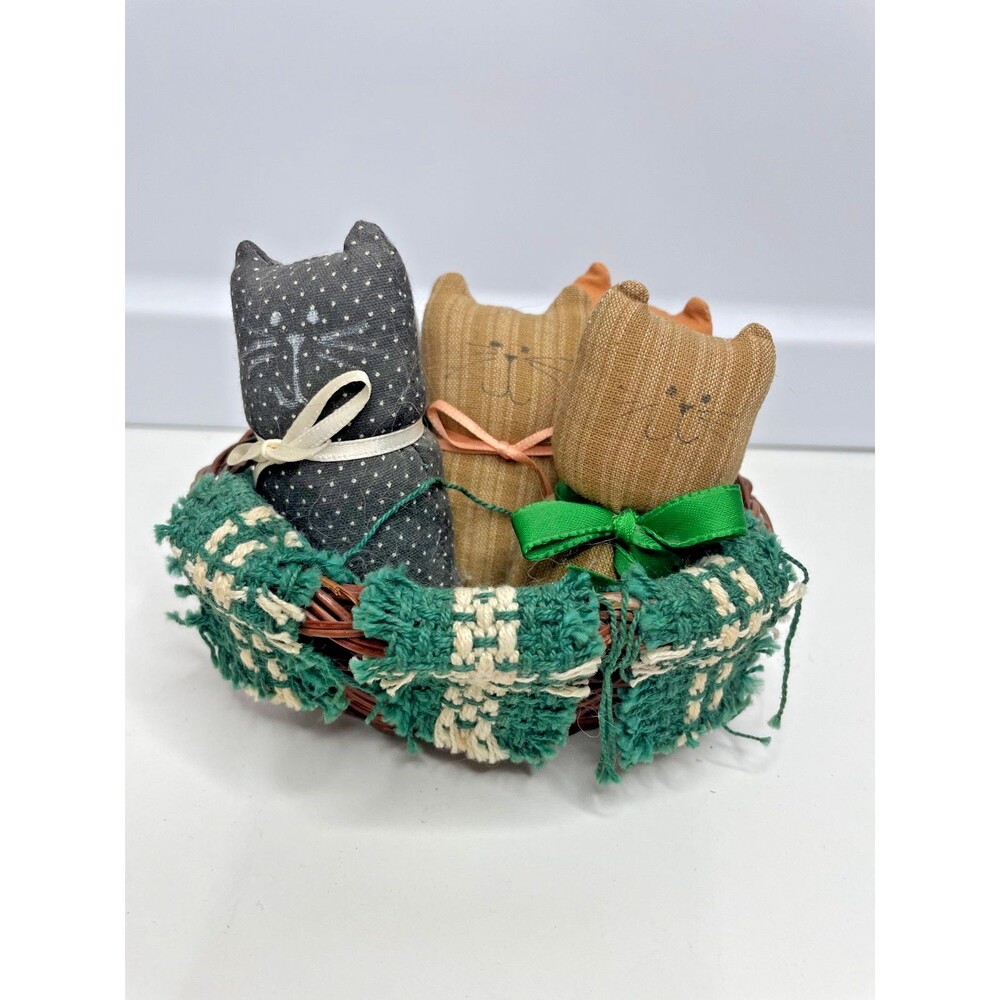 handmade primitive-style trio of plush fabric cats nestled in a small basket